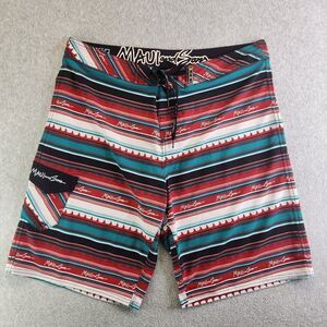 Maui And Sons Board Shorts Mens 36 Red Striped Black Shark Swim Lake Beach